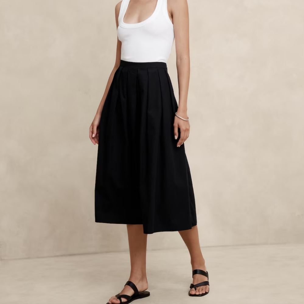 Banana Republic Black Pleated Poplin Midi Skirt - Women's 8